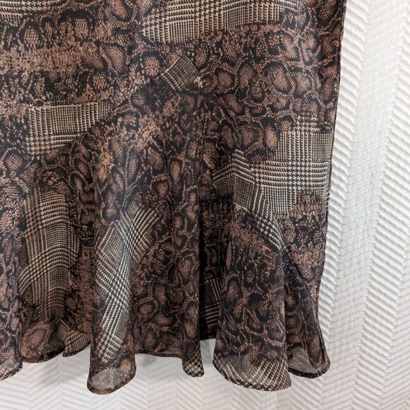 Vintage Brown Midi Skirt Houndstooth & Python Print Chiffon Size 12 Ruffle Hem - Picture 3 of 8